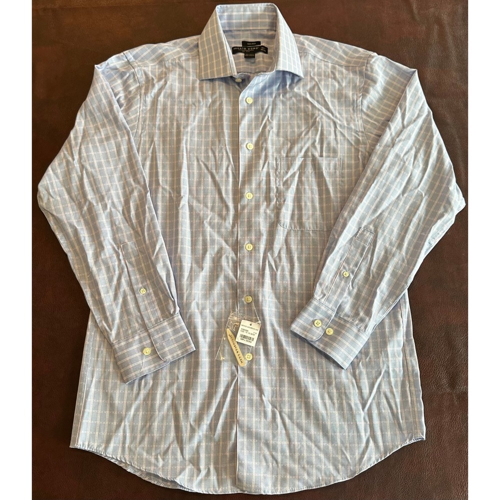 Pronto Uomo Mens Non-Iron Cotton Dress Shirt Blue Plaid 15.5 32/33 New